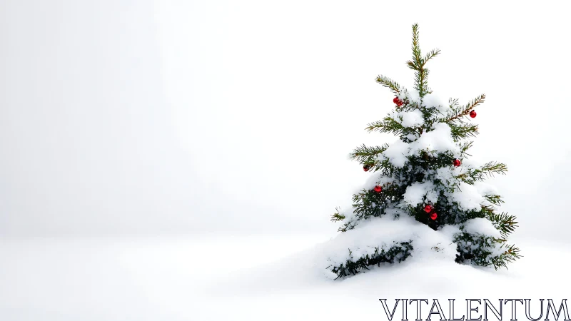 Snow covered Christmas tree stands alone on white field