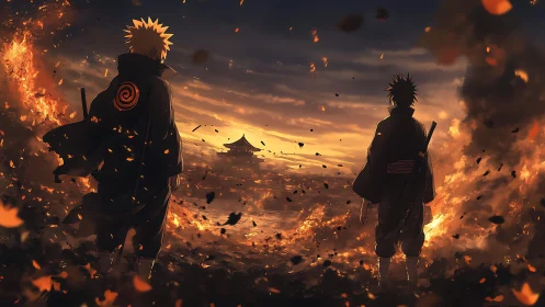 Fiery dusk standoff between cloaked swordsmen in ruins.