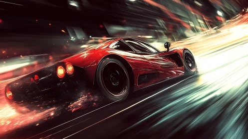 Crimson supercar racing through a glowing neon city night.