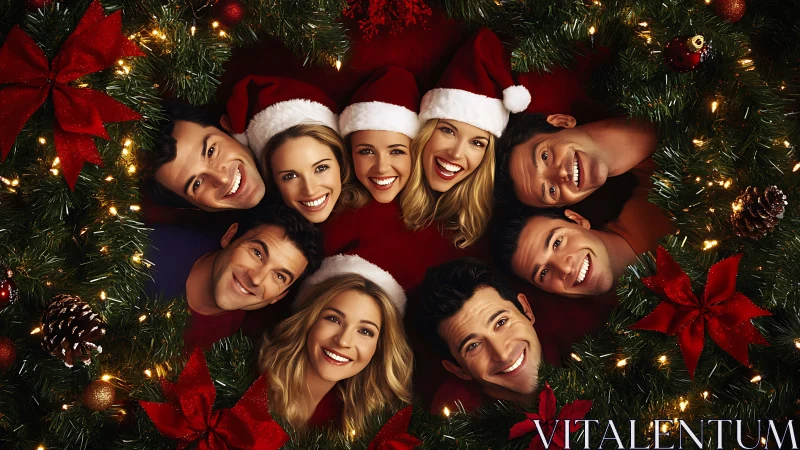 Smiling friends circle heads within festive Christmas wreath