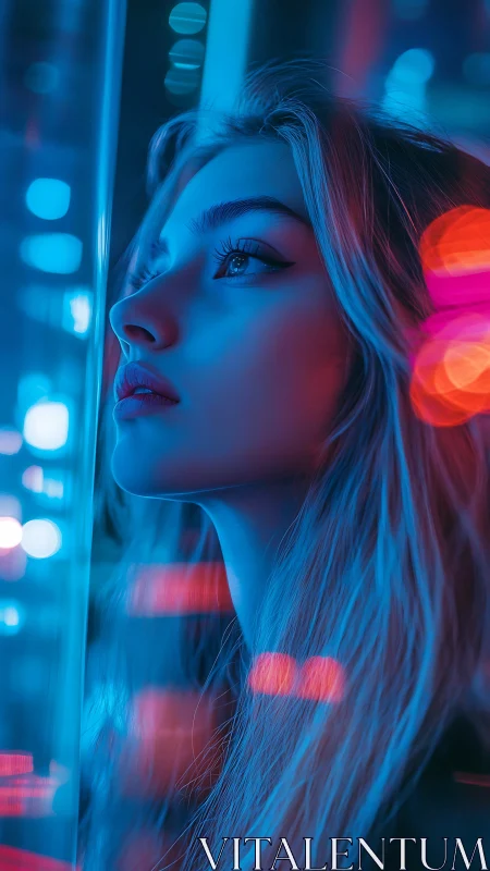 Side profile under neon blue and pink city lights.