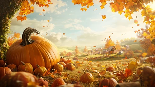 Large foreground pumpkin dominates an autumn rural landscape