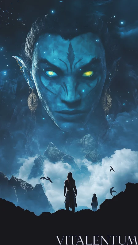 Colossal celestial avatar watches lone figures in misty mountains