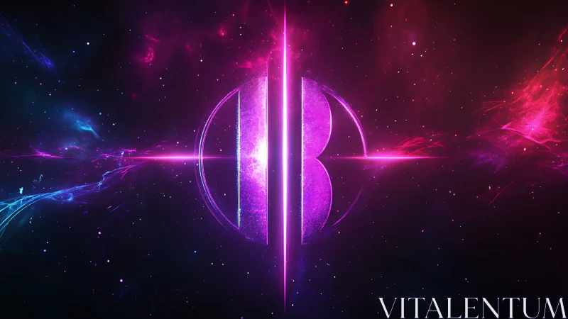 Symmetrical neon glyph intersects cosmic nebula with radial light