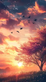 Radiant sunset tree glows as birds drift across vivid sky