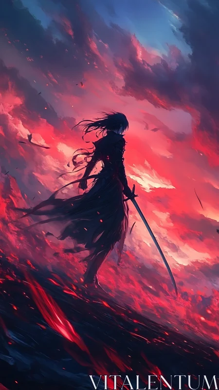 Digital painting of lone swordsman in incendiary skyscape.