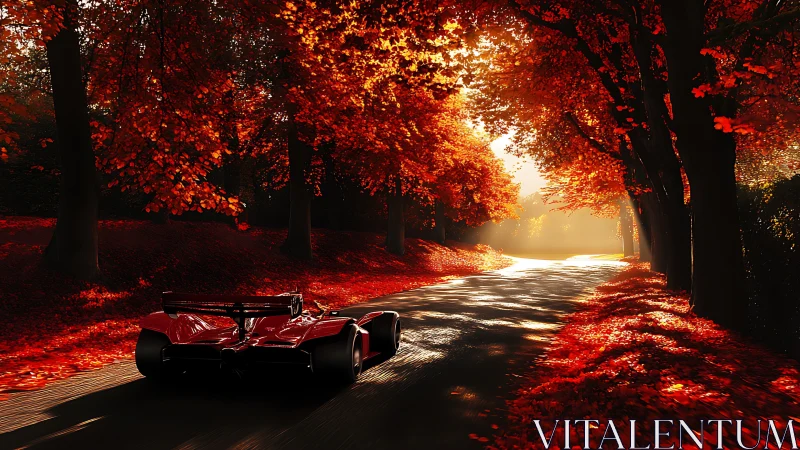 Red race car glides through glowing autumn forest road.