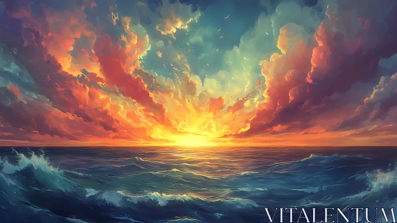 Digital seascape depicts low-horizon sunset with dynamic clouds
