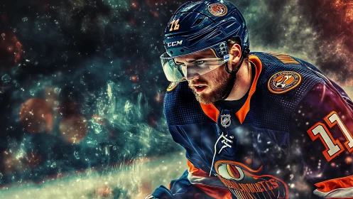 Intense ice hockey player in cosmic particle storm portrait.
