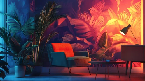 Tropical living room corner shows dramatic colored lighting