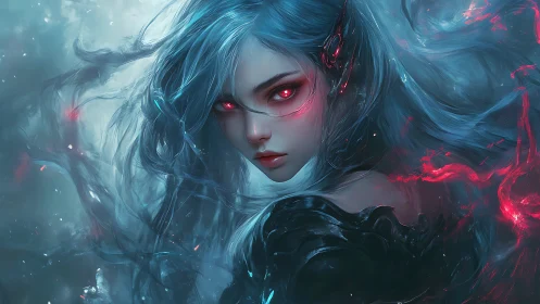 Scarlet-eyed cyber sorceress in swirling cyan ether.