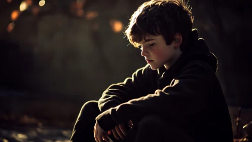 Thoughtful boy in hoodie sitting alone in warm sunset light.