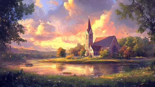 Sunlit riverside chapel dreaming beneath painted clouds.