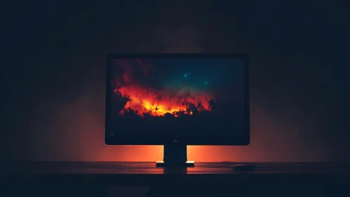 Backlit widescreen monitor displaying fiery nebula clouds