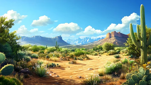 Sunny desert trail winding toward distant blue mountains.