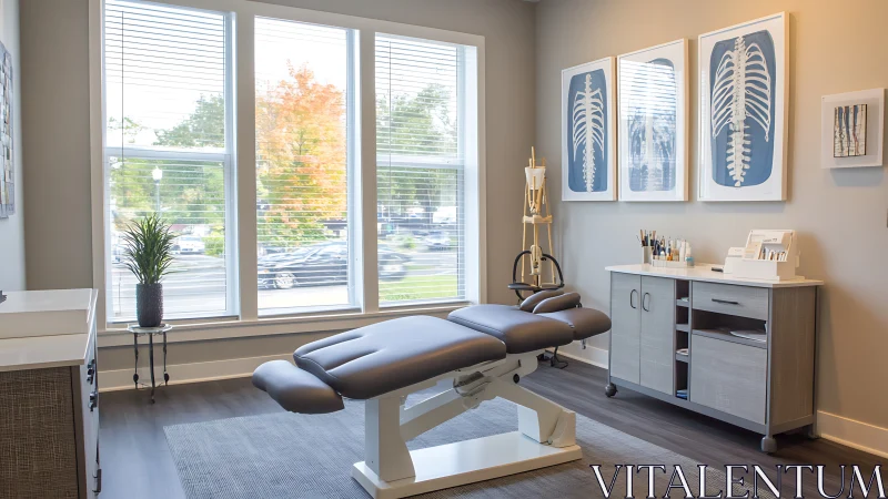 Modern chiropractic treatment room with large window lighting.