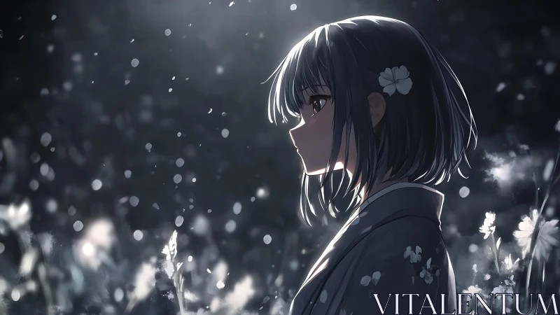 Melancholic anime girl in moonlit flower field with floating bokeh