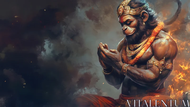 Divine warrior kneels in blazing clouds of devotion and power