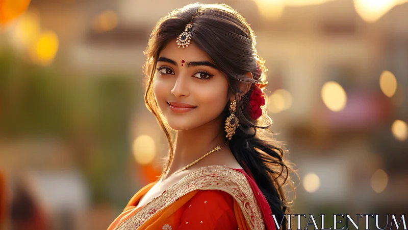 Indian woman in red saree smiles in warm golden light.