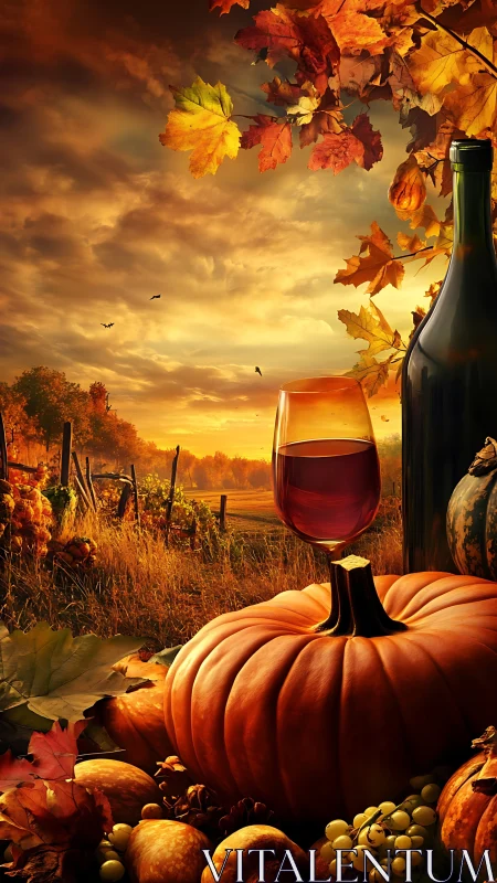 Crimson wine perches on pumpkins beneath a burning autumn sky