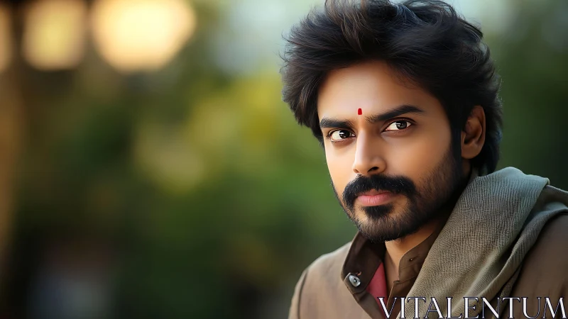 Portrait shows Indian man with tilak against blurred greenery