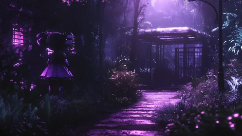 Neon haunted garden path with lurking doll silhouette at dusk.