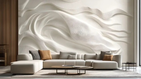 Soft sculpted wall art elevates a serene minimalist living room