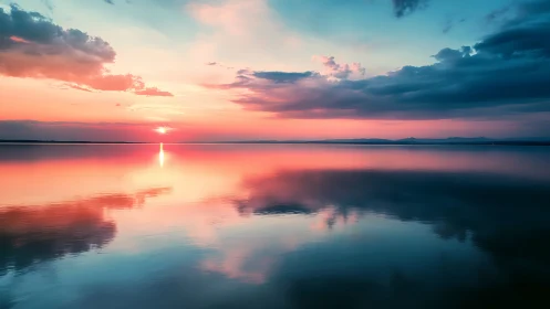 Soft evening sunset glows over calm water and painted sky