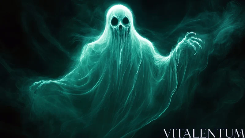 Luminous spectral wraith emerging from swirling teal mist.