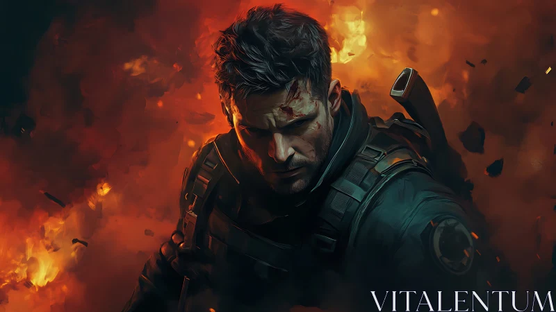 Battle-scarred soldier stalks through a storm of burning embers.