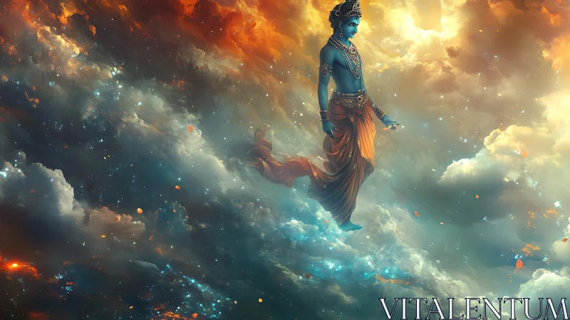 Celestial blue deity drifting through molten evening clouds.