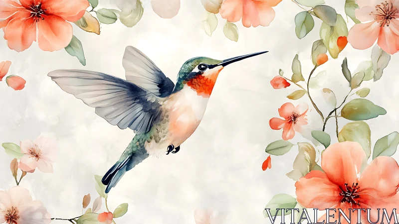 Watercolor hummingbird with coral flowers in delicate floral style.