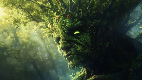Ancient forest guardian with glowing eyes in mossy bark visage.