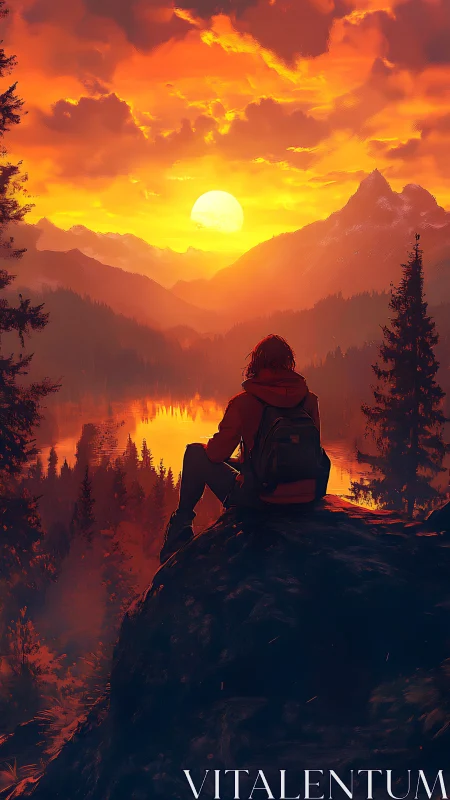 Hiker on rocky outcrop facing mountain lake sunset sky.