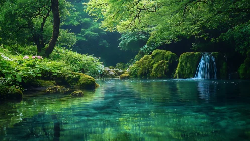 Peaceful emerald forest pool with gentle mossy waterfall.