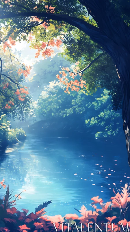 Digital painting of tranquil forest river with layered canopy.