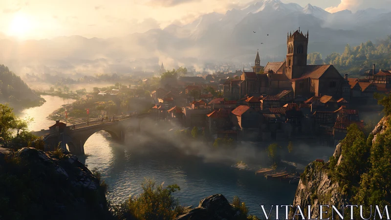 Sunlit medieval riverside town rests beneath misty peaks