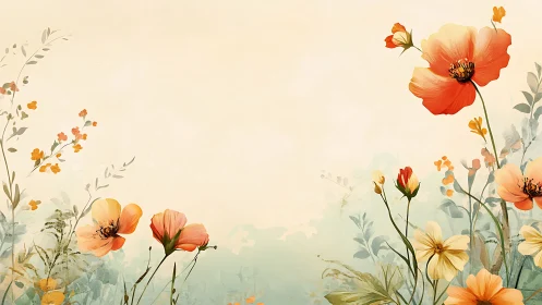 Botanical Watercolor Composition: Red and Orange Poppies Against Soft Cream Ground.