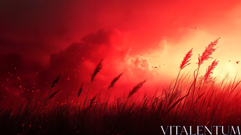Crimson stormlit field with windblown reeds at blazing dusk.