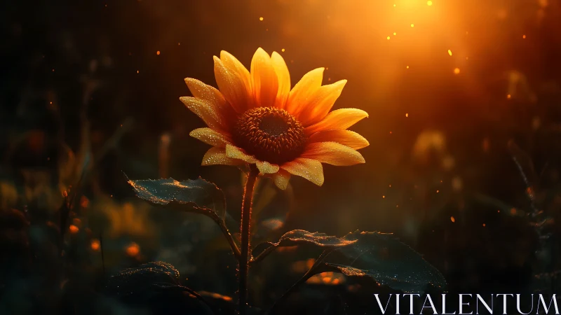Sunflower under warm backlight in dusk field scene.