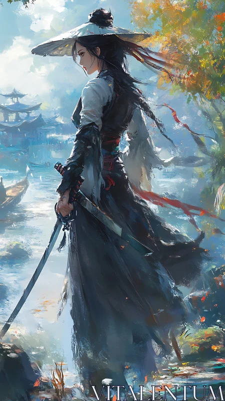 Solitary swordswoman by riverside in stylized landscape.