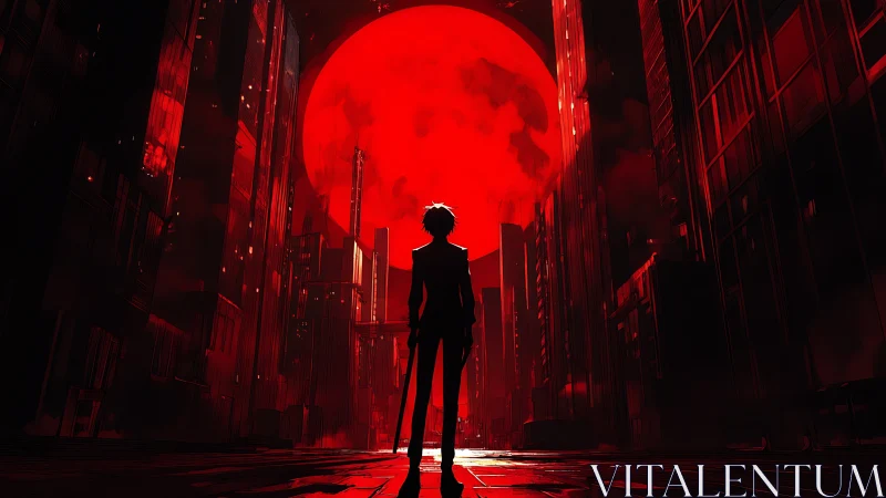 Crimson moonrise over a lone wanderer in neon towers.