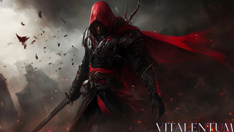 Hooded armored swordsman in red cloak amid burning ruins.
