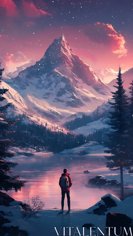 Backlit alpine peak dominates chromatic dusk snow panorama