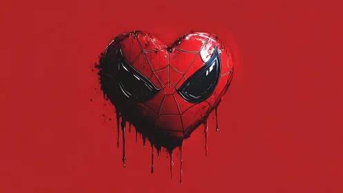 Spider-Man Heart Mask with Dripping Paint Effect Against Crimson Background
