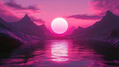 Neon magenta sun over glacial canyon lake at synthetic dusk