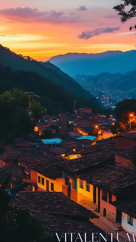 Sunset hillside town glowing with cozy lantern lights.