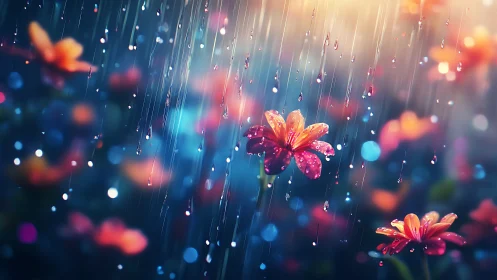 Petals Through Rain: Chromatic Blooms Weeping Luminescence.