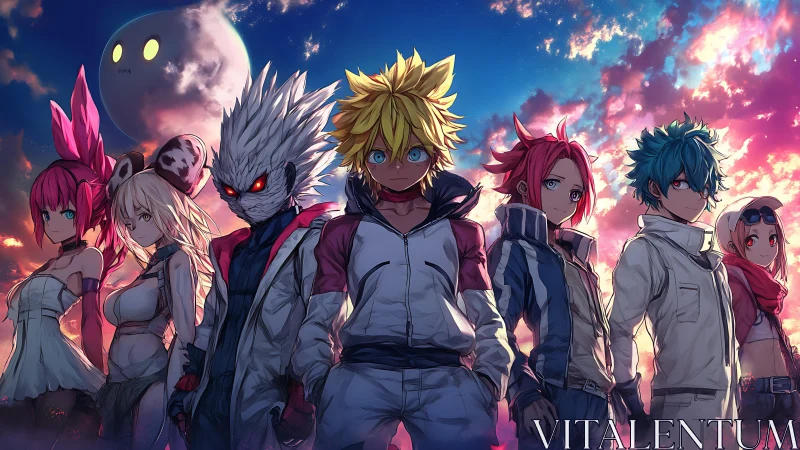 Heroic anime ensemble under chromatic sunset sky lighting analysis