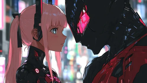 Cybernetic lovers lock gaze under neon city glow.